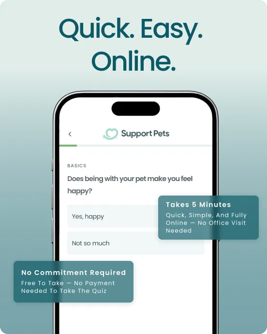 Quick. Easy. Online. &mdash; Support Pets quiz on a phone showing a basic question, with badges noting it takes 5 minutes and requires no commitment